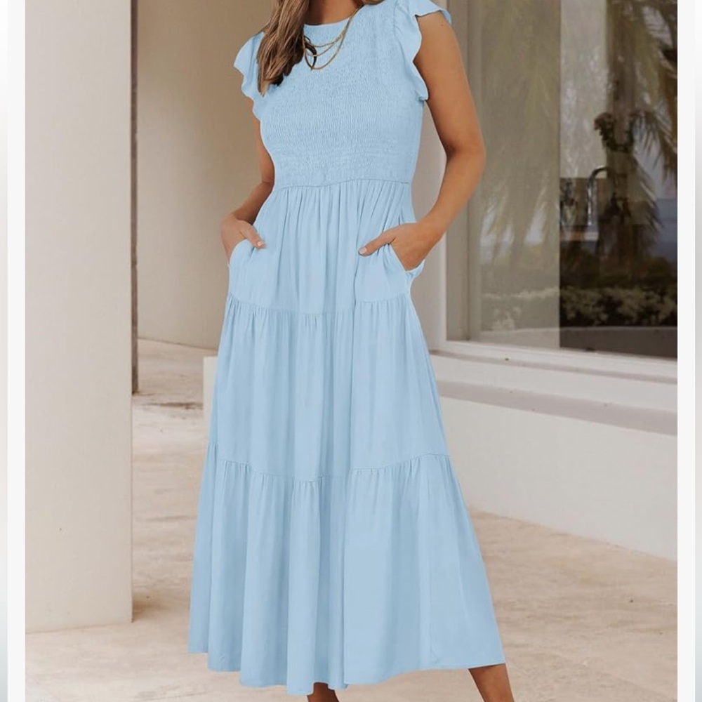 ZESICA Casual Flutter Short Sleeve Crew Neck Smocked Elastic Waist Midi Dress